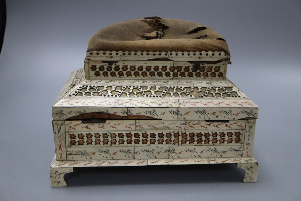 A bone overlaid Prisoner of War sewing box, length 24cm